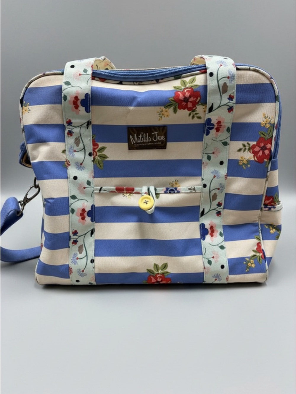 Matilda Jane Blue and Cream Striped Floral-Trim Insulated Tote